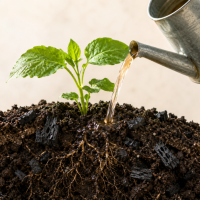 Arrosage d’une jeune plante dans un sol enrichi en biochar avec Alter Eden Vie du Sol