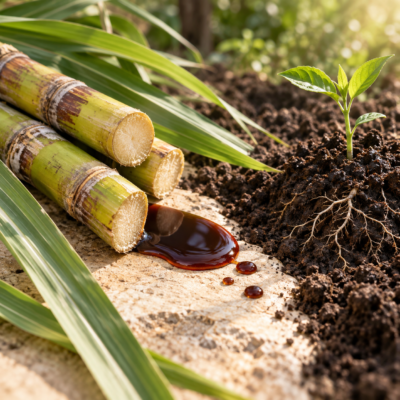 Canne à sucre, mélasse brune et jeune plante dans un sol vivant