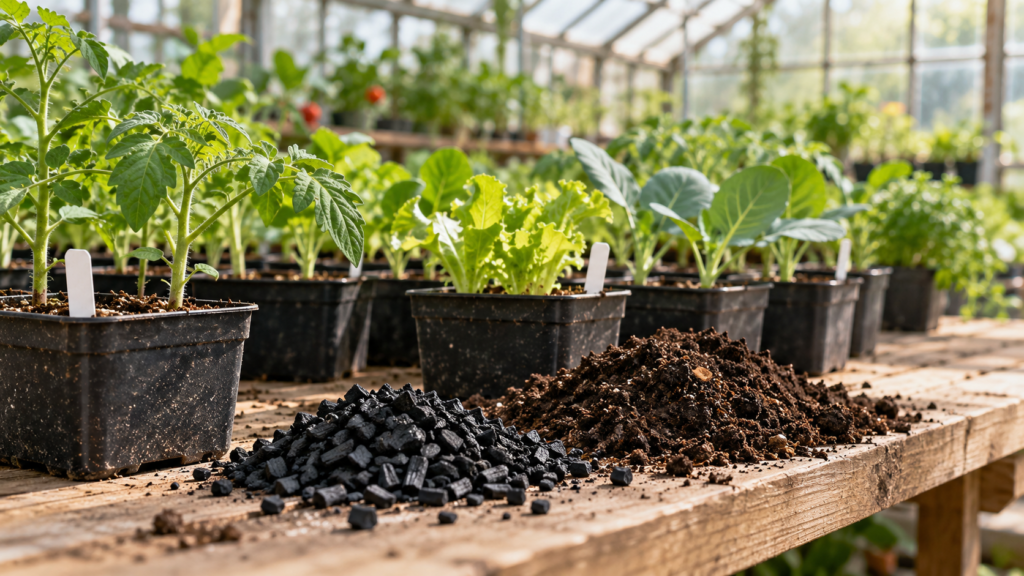 Jeunes plants de légumes en pots dans une serre, avec du biochar et de la terre au premier plan.